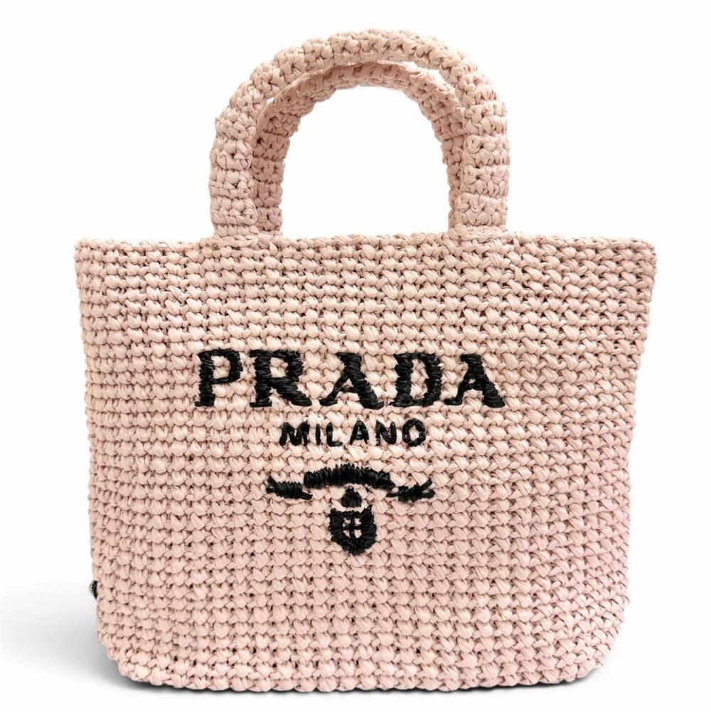 PRADA 1BG422 Small Crochet 100% Raffia Triangle Logo Tote Bag Handbag Pink Bl...